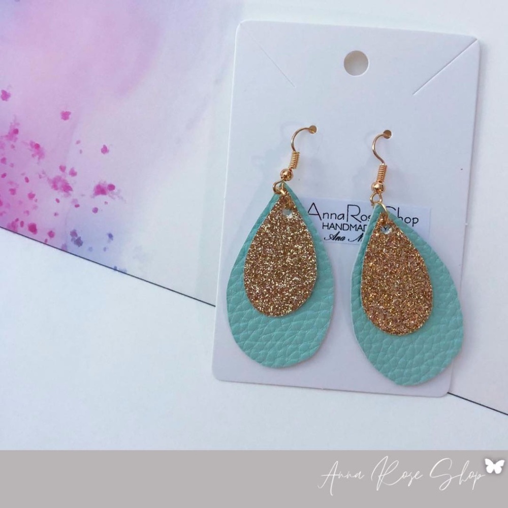 gold and aquamarine handmade vegan leather earring